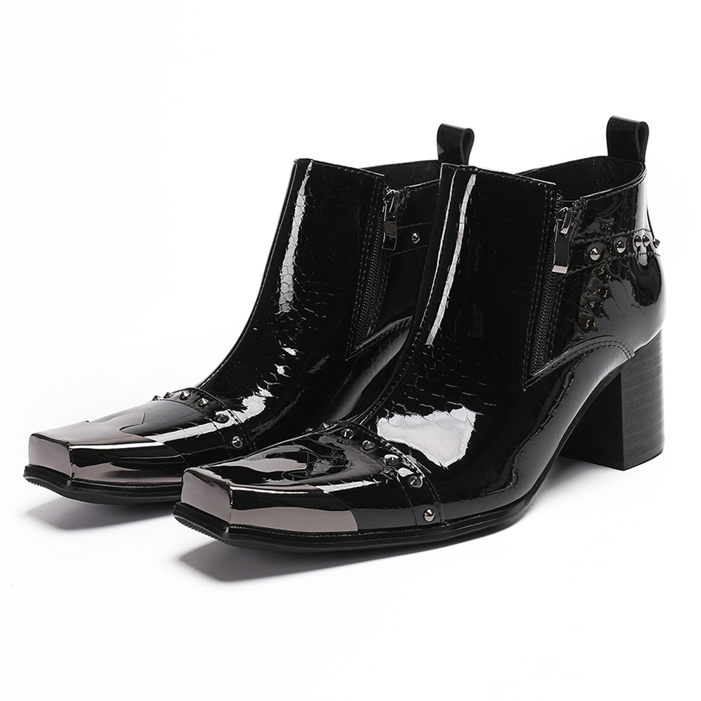Mens Patent Leather Metal Square Toe Studded Ankle Western Boots