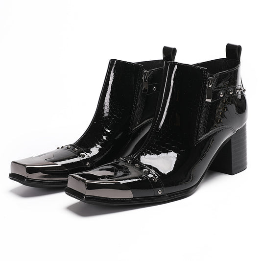 Mens Patent Leather Metal Square Toe Studded Ankle Western Boots