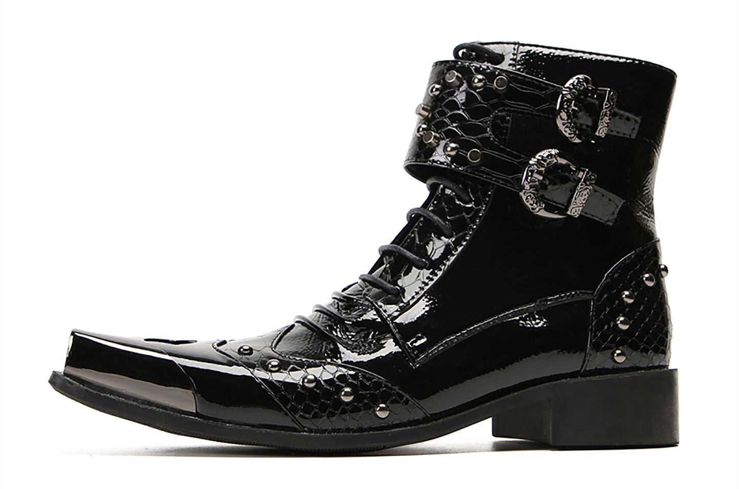 Mens Metal Square Toe Zipper Buckles Cowboy Western Boots