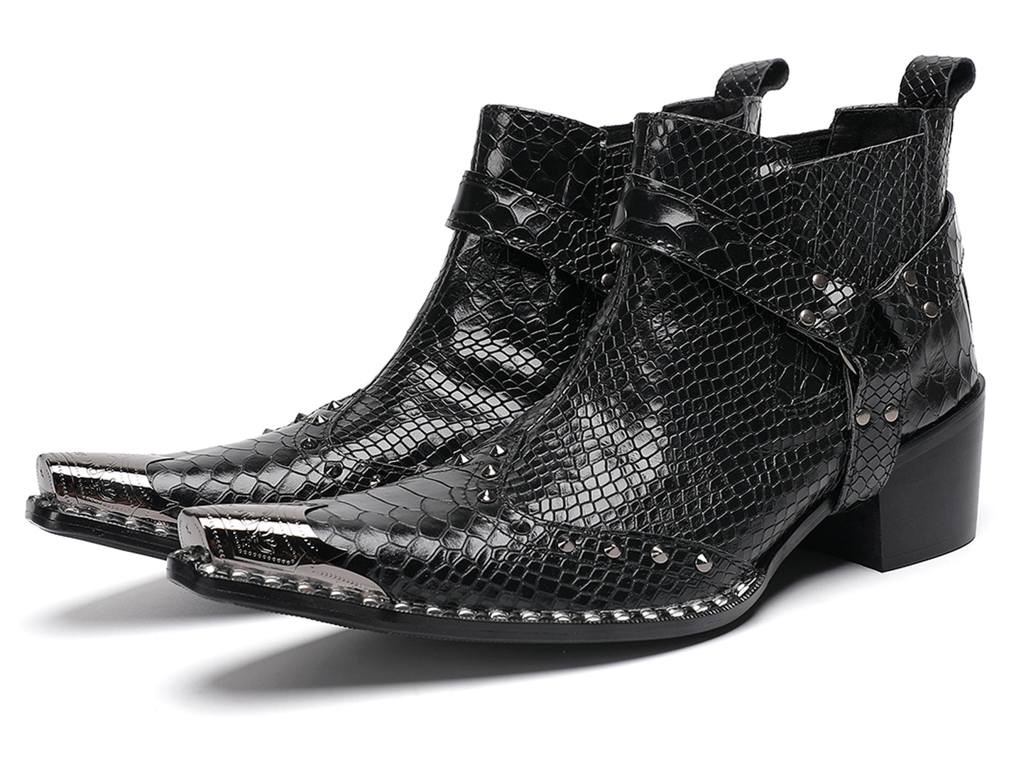 Mens Metallic Detail Snakeskin Abstract Print Ankle Western Boots