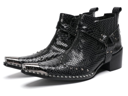 Mens Metallic Detail Snakeskin Abstract Print Ankle Western Boots