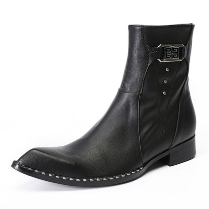 Mens Top-Grain Leather Side Zip Western Cowboy Ankle  Boots