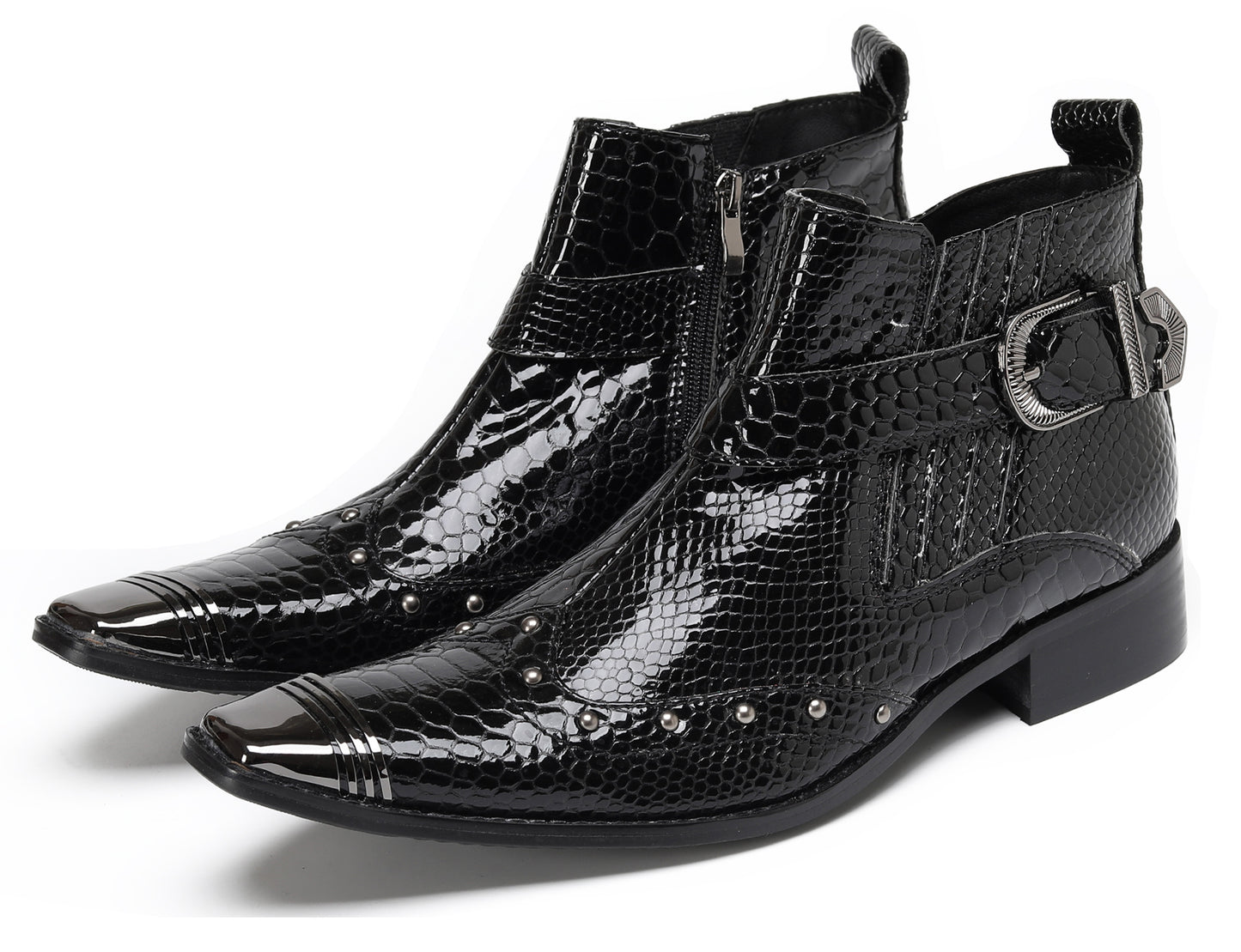 Mens Snakeskin Zipper Side Studded Buckle Western Boots