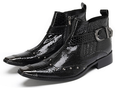 Mens Snakeskin Zipper Side Studded Buckle Western Boots