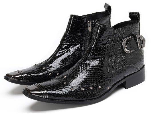 Mens Snakeskin Zipper Side Studded Buckle Western Boots