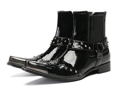 Mens Top-Grain Leather Studded Strap & Side Zipper Cowboy Western Boots