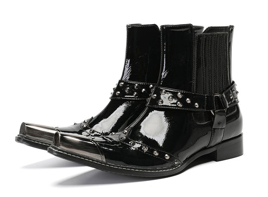 Mens Top-Grain Leather Studded Strap & Side Zipper Cowboy Western Boots