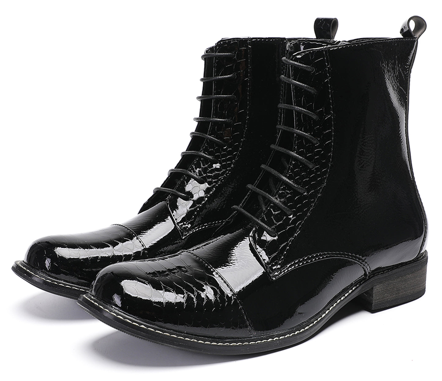 Mens  Black Glossy Patent Leather Square Toe Western Oxfords Boots
