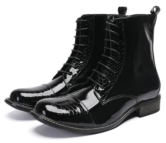 Mens  Black Glossy Patent Leather Square Toe Western Oxfords Boots