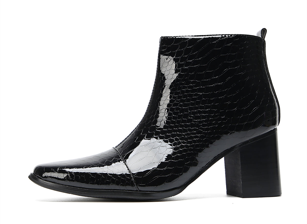 Mens Black Glossy Patent Leather Snake Print Block Heel Ankle Boots