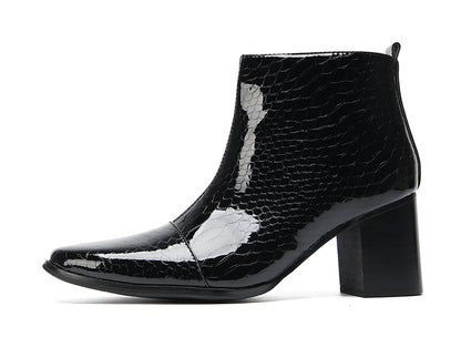 Mens Black Glossy Patent Leather Snake Print Block Heel Ankle Boots