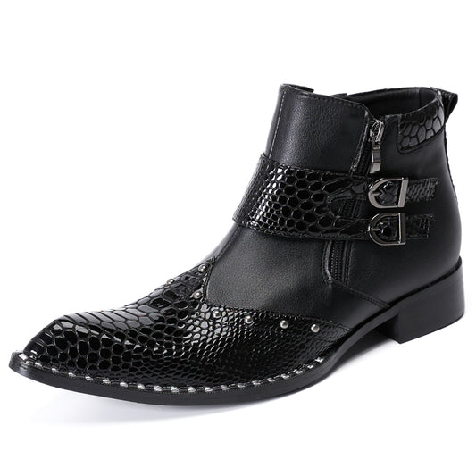 Mens Top-Grain Leather Pointed Toe Buckle Western Cowboy Ankle Boots