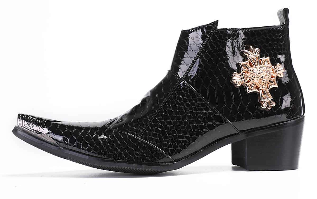 Mens Genuine Leather Snakeskin Pattern Metal Toe Zipper Ankle Western Boots
