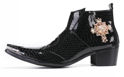 Mens Genuine Leather Snakeskin Pattern Metal Toe Zipper Ankle Western Boots