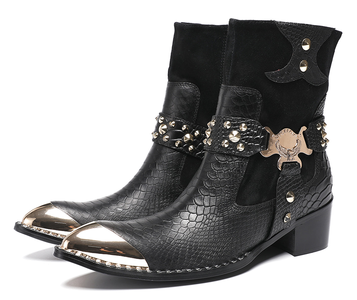 Mens Top-Grain Leather Studded Skull Buckle Punk Cowboy Western Boots