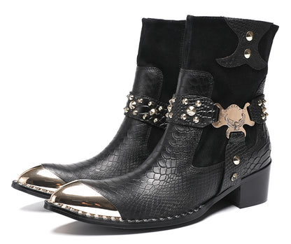 Mens Top-Grain Leather Studded Skull Buckle Punk Cowboy Western Boots