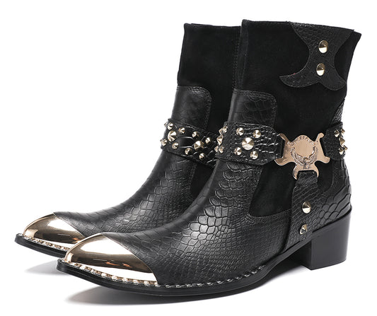 Mens Top-Grain Leather Studded Skull Buckle Punk Cowboy Western Boots
