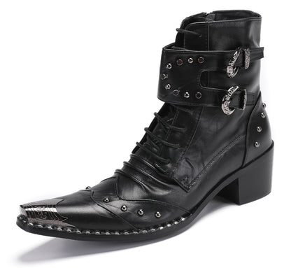 Mens Genuine Leather Metal Toe Buckles Zipper Cowboy Western Boots