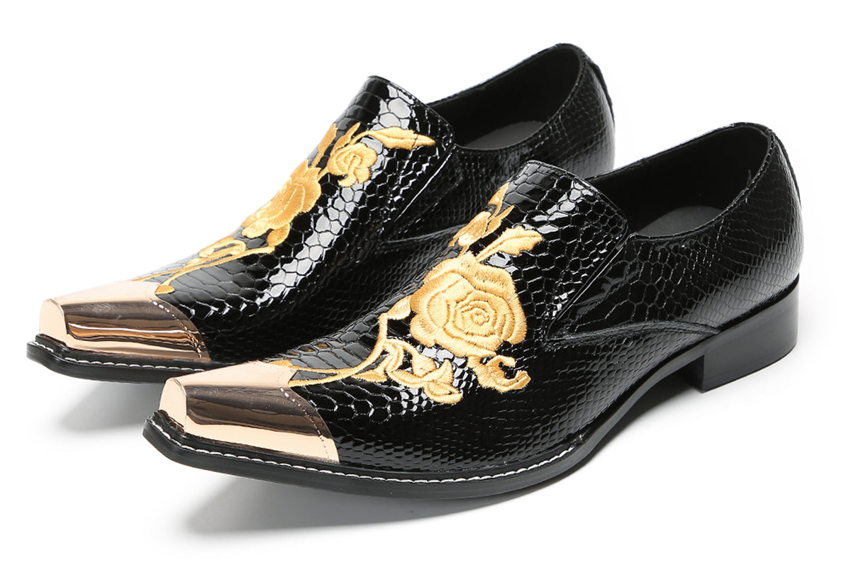 Mens Embroidered Gold Metal Toe Dress Western Loafers