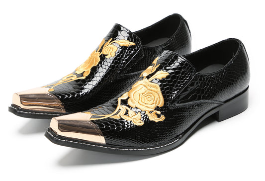 Mens Embroidered Gold Metal Toe Dress Western Loafers