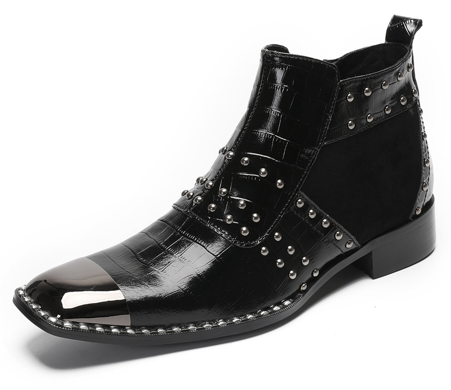 Mens Genuine Leather Metal Square Toe Side Zipper Beads Plaid Ankle Western Boots