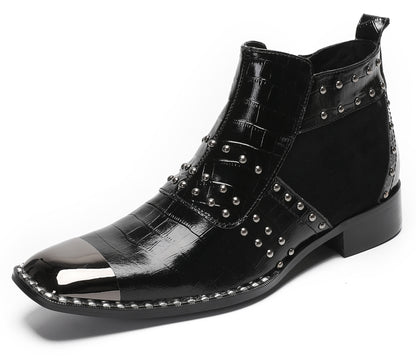 Mens Genuine Leather Metal Square Toe Side Zipper Beads Plaid Ankle Western Boots