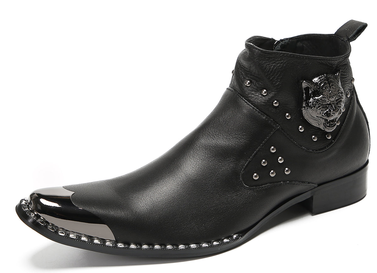Mens Genuine Leather Matel Sqaure Toe Zipper Beads Ankle Western Boots