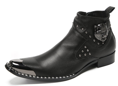 Mens Genuine Leather Matel Sqaure Toe Zipper Beads Ankle Western Boots
