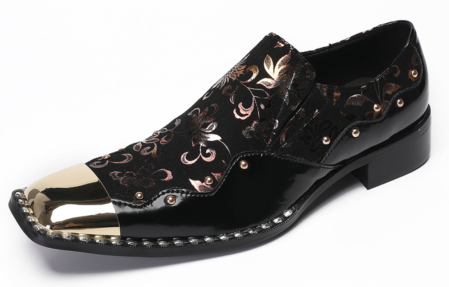 Mens Genuine Leather Gold Beads Metal Square Toe Western Loafers