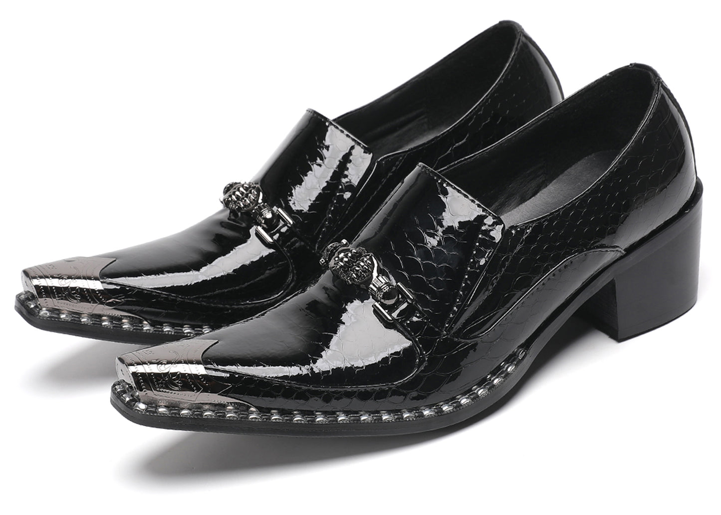 Mens Metal Pointed Toe Block Heel Party Western Loafers