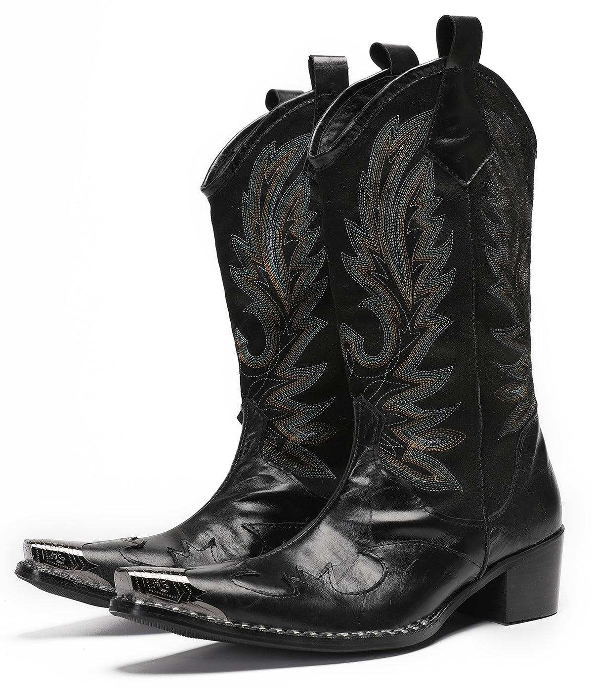 Mens Genuine Leather Metal Wingtip Toe Embroidered Pull On Western Cowboy Boots