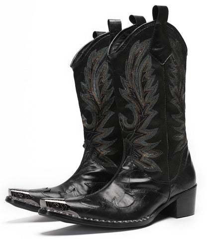 Mens Genuine Leather Metal Wingtip Toe Embroidered Pull On Western Cowboy Boots