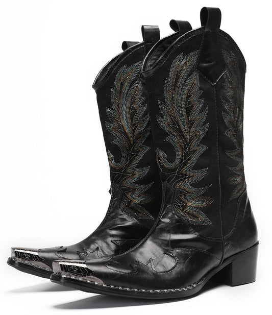 Mens Genuine Leather Metal Wingtip Toe Embroidered Pull On Western Cowboy Boots