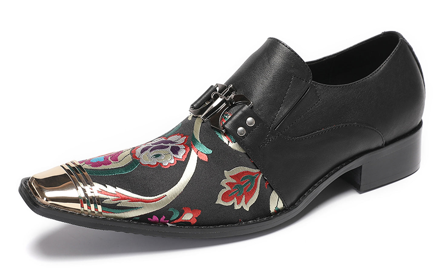 Mens Genuine Leather Slip On Buckle Floral Embroidery Western Loafers