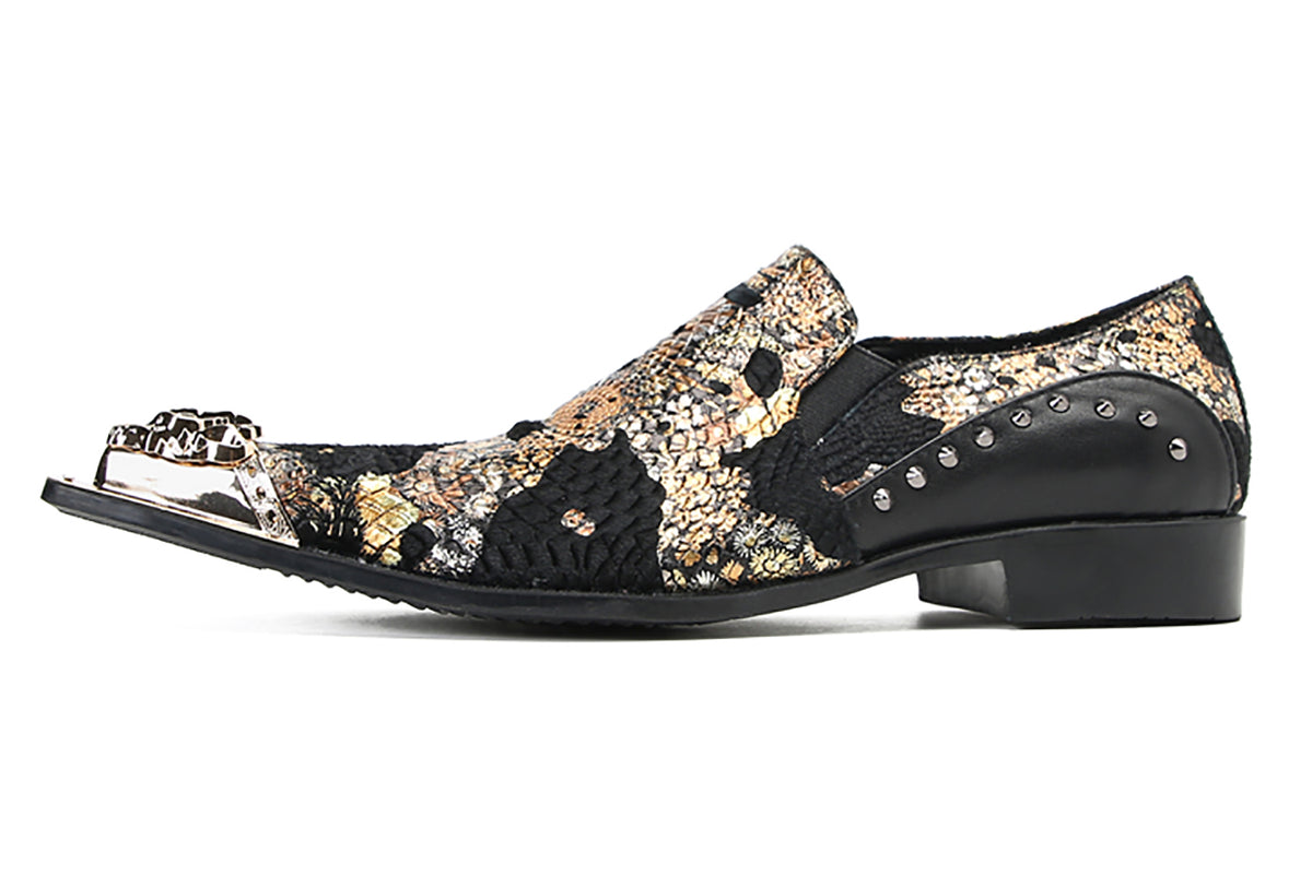 Mens Silp On Leather Metal Tip Toe Gold Glitter Western Loafers