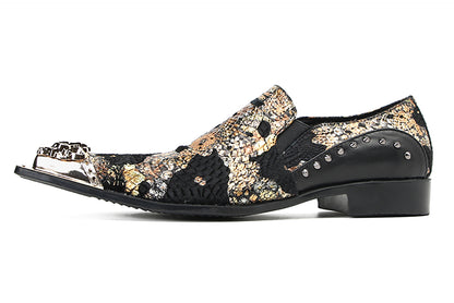 Mens Silp On Leather Metal Tip Toe Gold Glitter Western Loafers