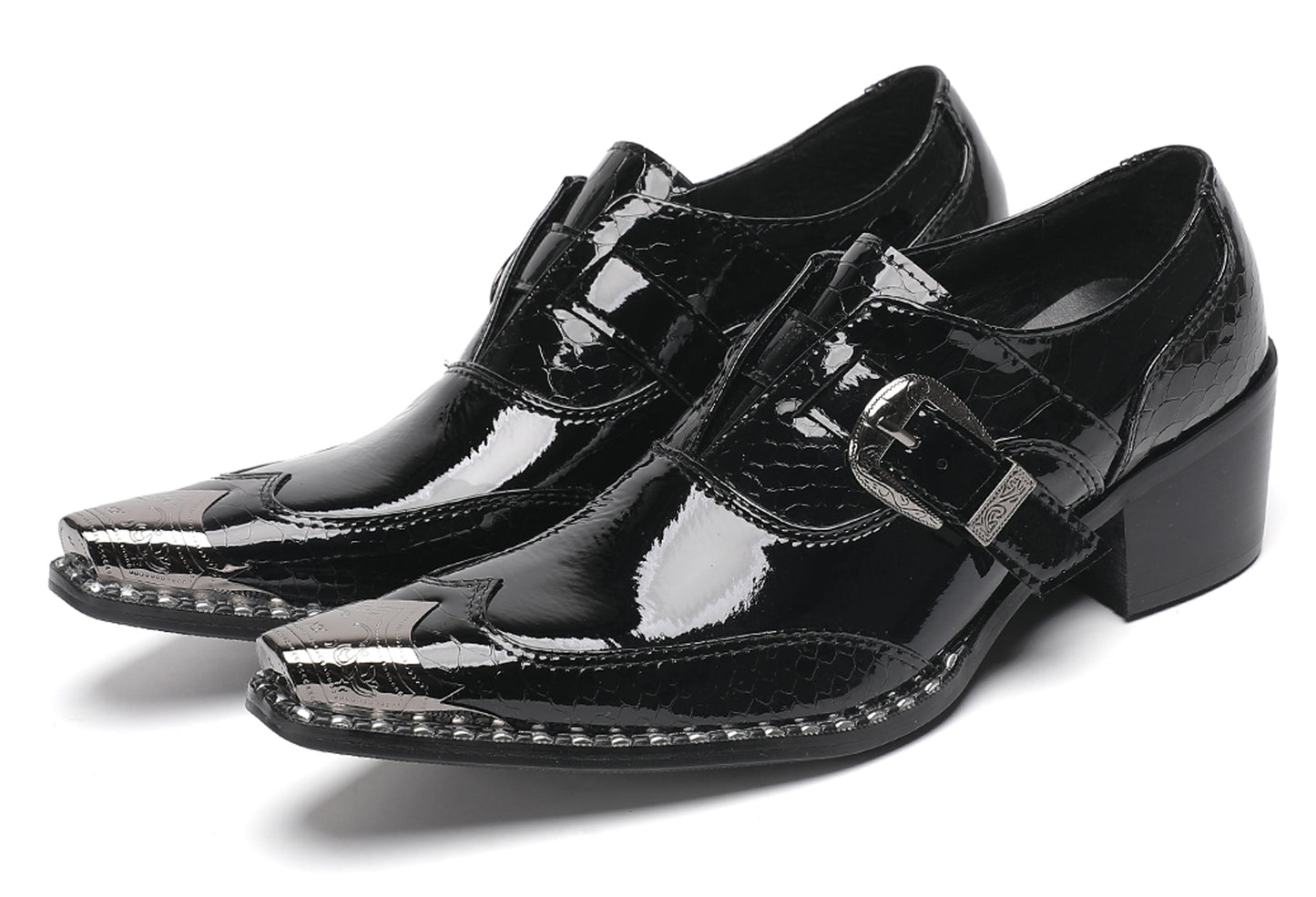 Mens Black Glossy Leather Buckle Detail Dress Western Loafers