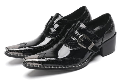 Mens Black Glossy Leather Buckle Detail Dress Western Loafers