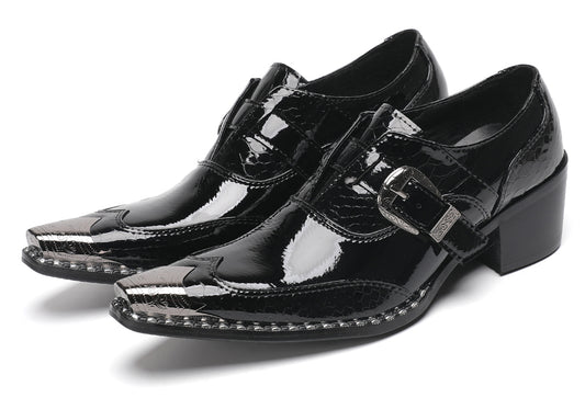 Mens Black Glossy Leather Buckle Detail Dress Western Loafers