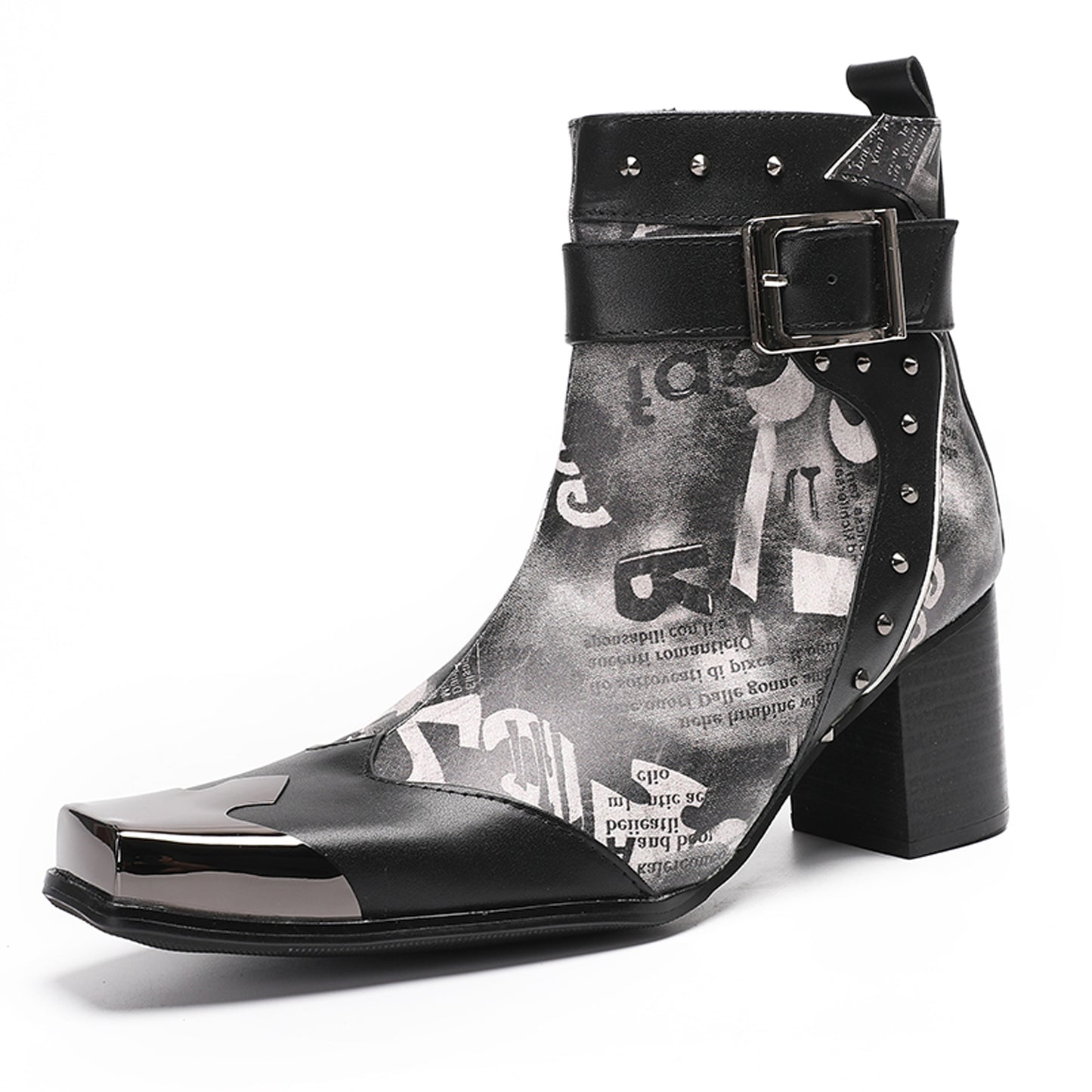 Mens Metal Square Toe Buckle Printed Leather Ankle Western Boots