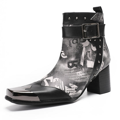 Mens Metal Square Toe Buckle Printed Leather Ankle Western Boots