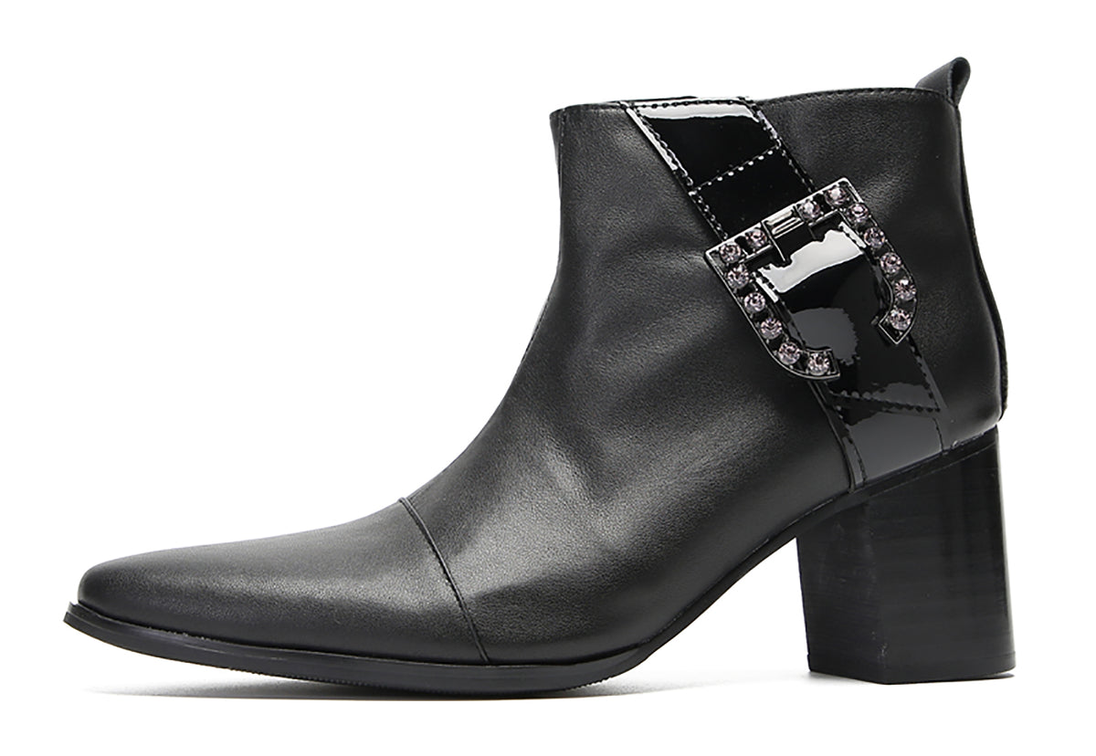 Mens Genunie Leather Beaded Buckle Heel Ankle Boots