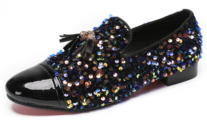 Mens Glitter Sequins Tassels Prom Party Western Loafers