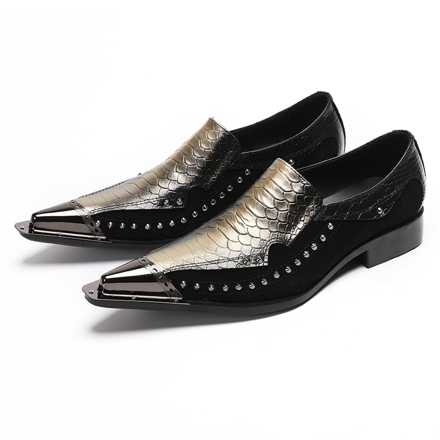 Mens Snake Embossed Leather Metal Toe Studded Loafers