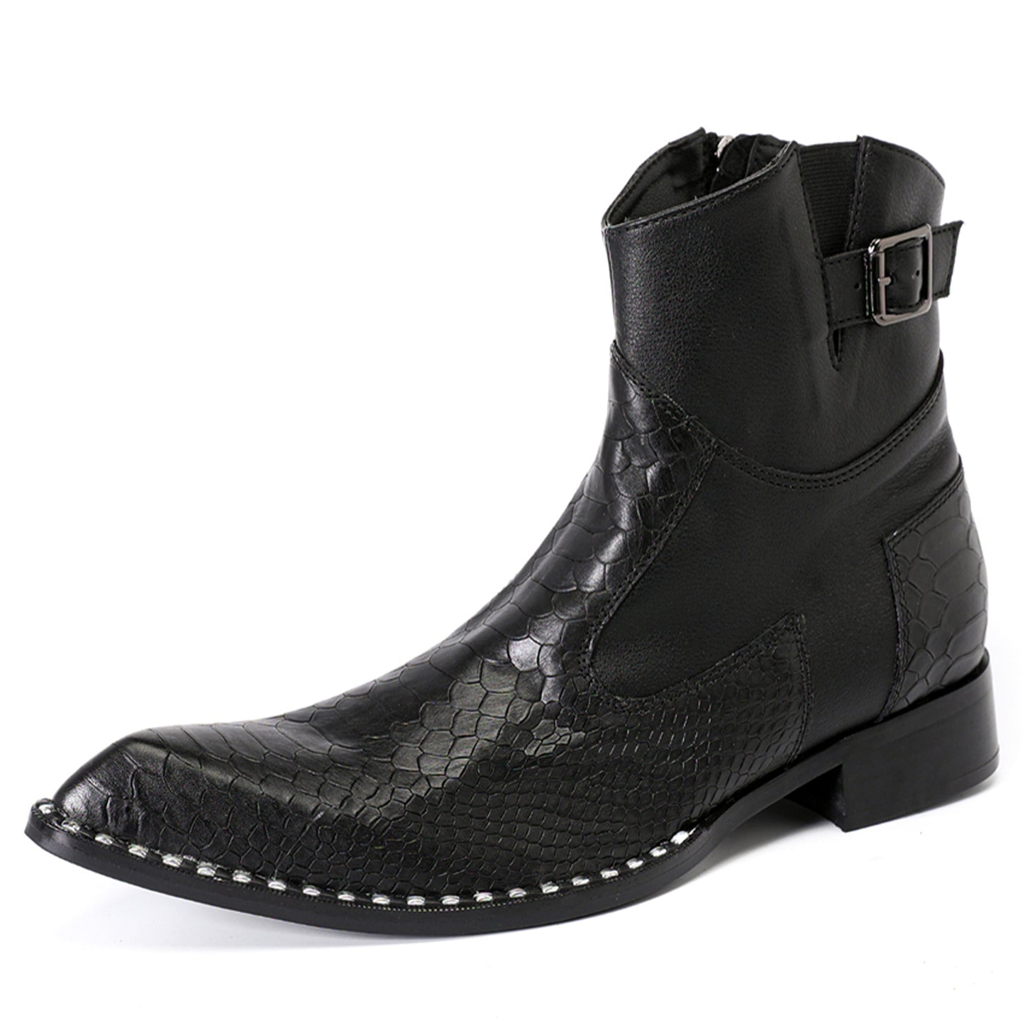 Mens Top-Grain Leather Snake-Embossed Western Ankle Boots