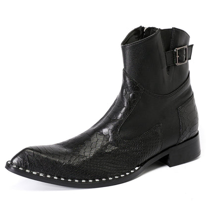 Mens Top-Grain Leather Snake-Embossed Western Ankle Boots