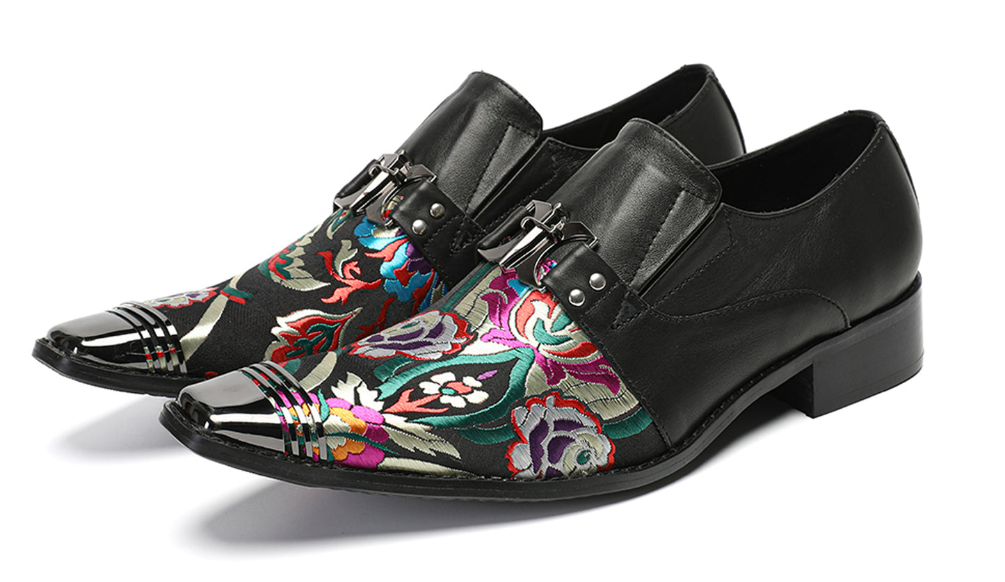 Mens Top-Grain Leather Floral Embroidery Casual Western Loafers