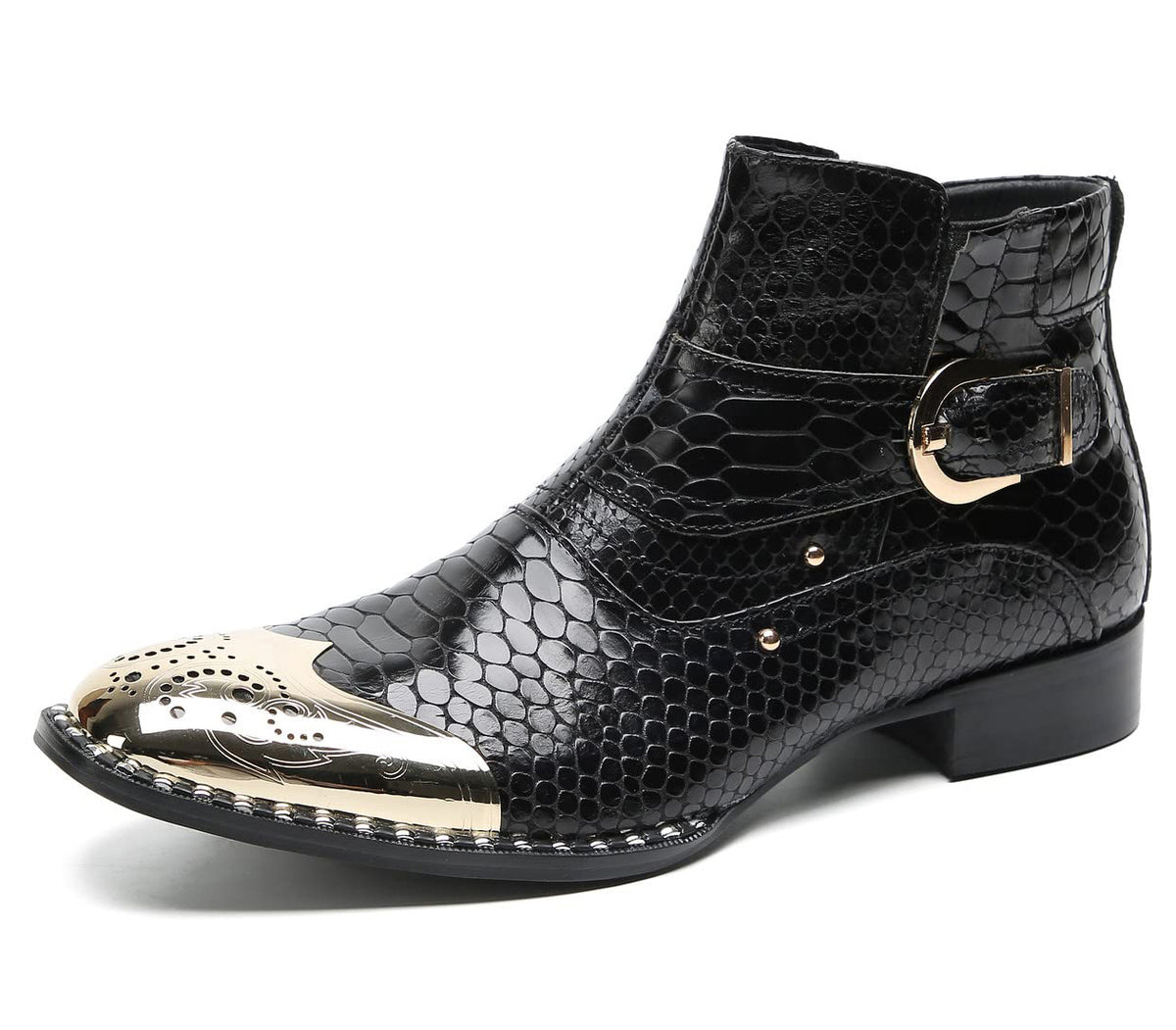 Mens Genuine Leather Metal-Square Toe Snakeskin Texture Ankle Western Boots