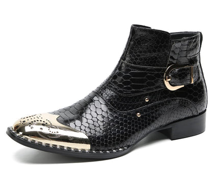 Mens Genuine Leather Metal-Square Toe Snakeskin Texture Ankle Western Boots