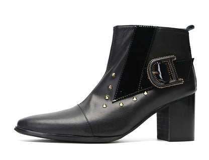 Mens Genunie Leather Zipper D-Buckle On Side Heel Ankle Boots